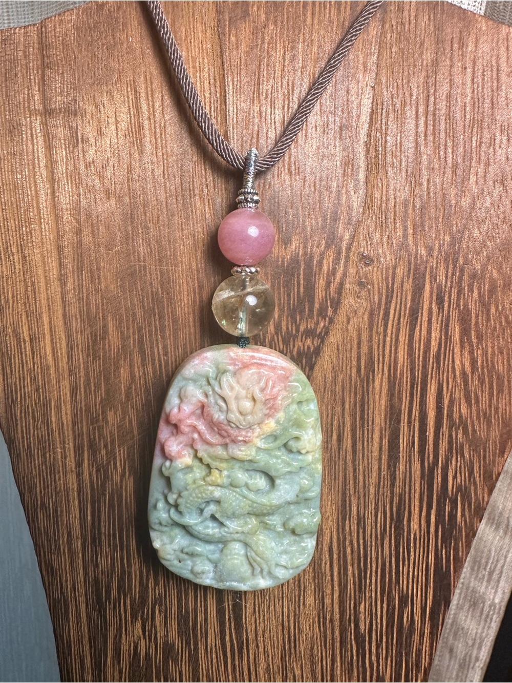 Ocean Jasper Dragon Pendant Necklace with Citrine and Rose Quartz on Brown Rope - Picture 4 of 16